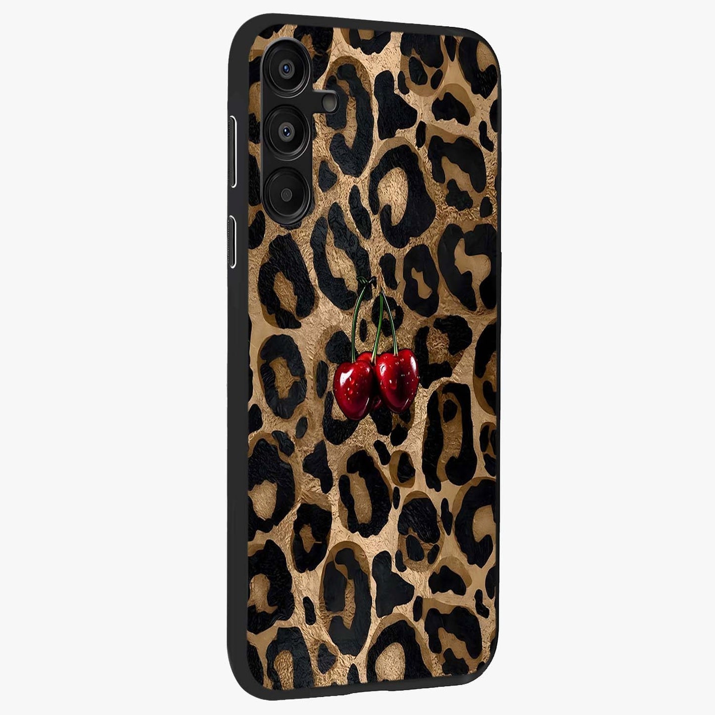 Leopard Wild Cherry Glass Case upright view showcasing stylish leopard pattern artwork with trendy fashion theme.
