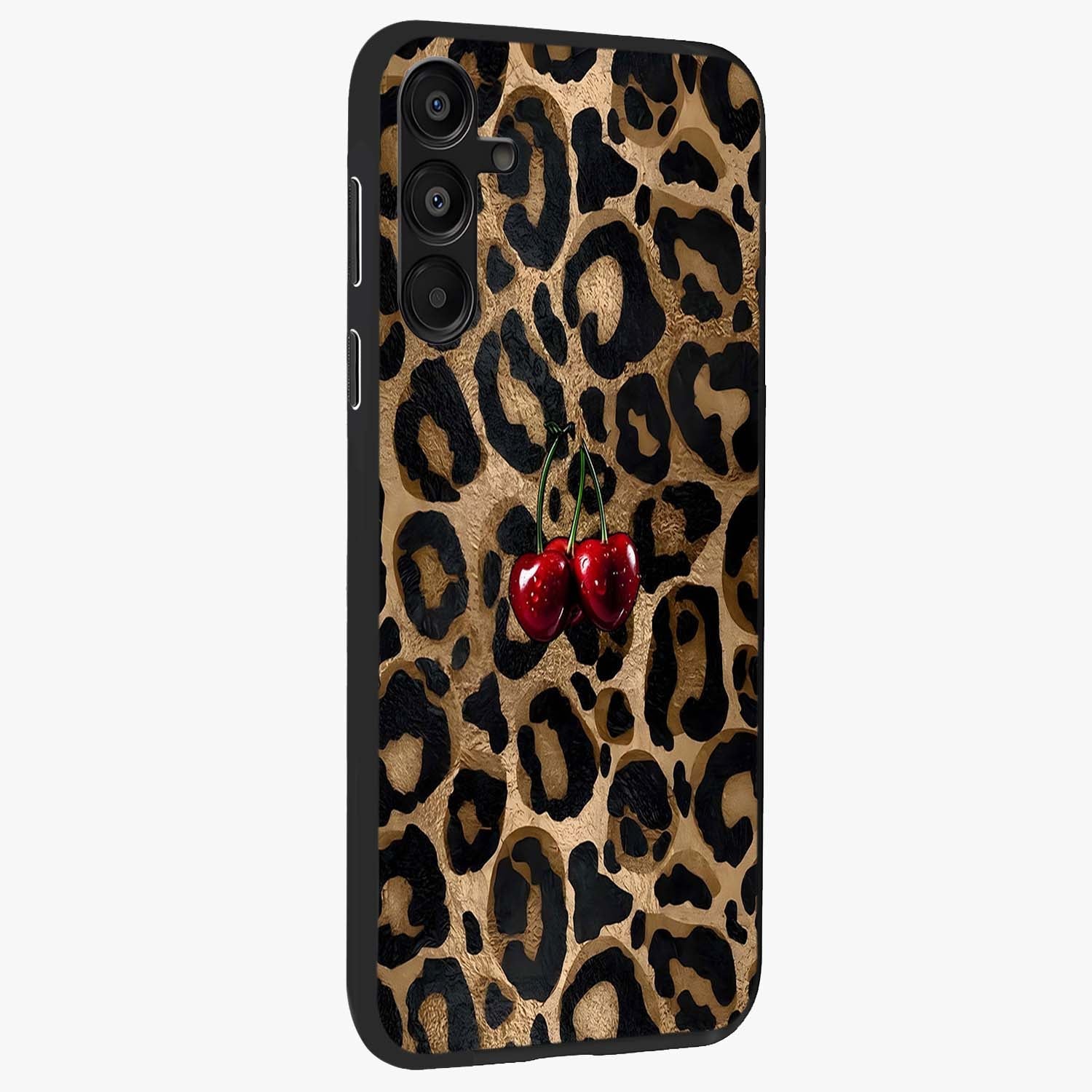 Leopard Wild Cherry Glass Case upright view showcasing stylish leopard pattern artwork with trendy fashion theme.