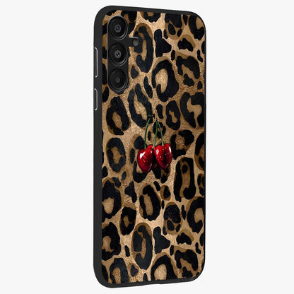 Leopard Wild Cherry Glass Case upright view showcasing stylish leopard pattern artwork with trendy fashion theme.