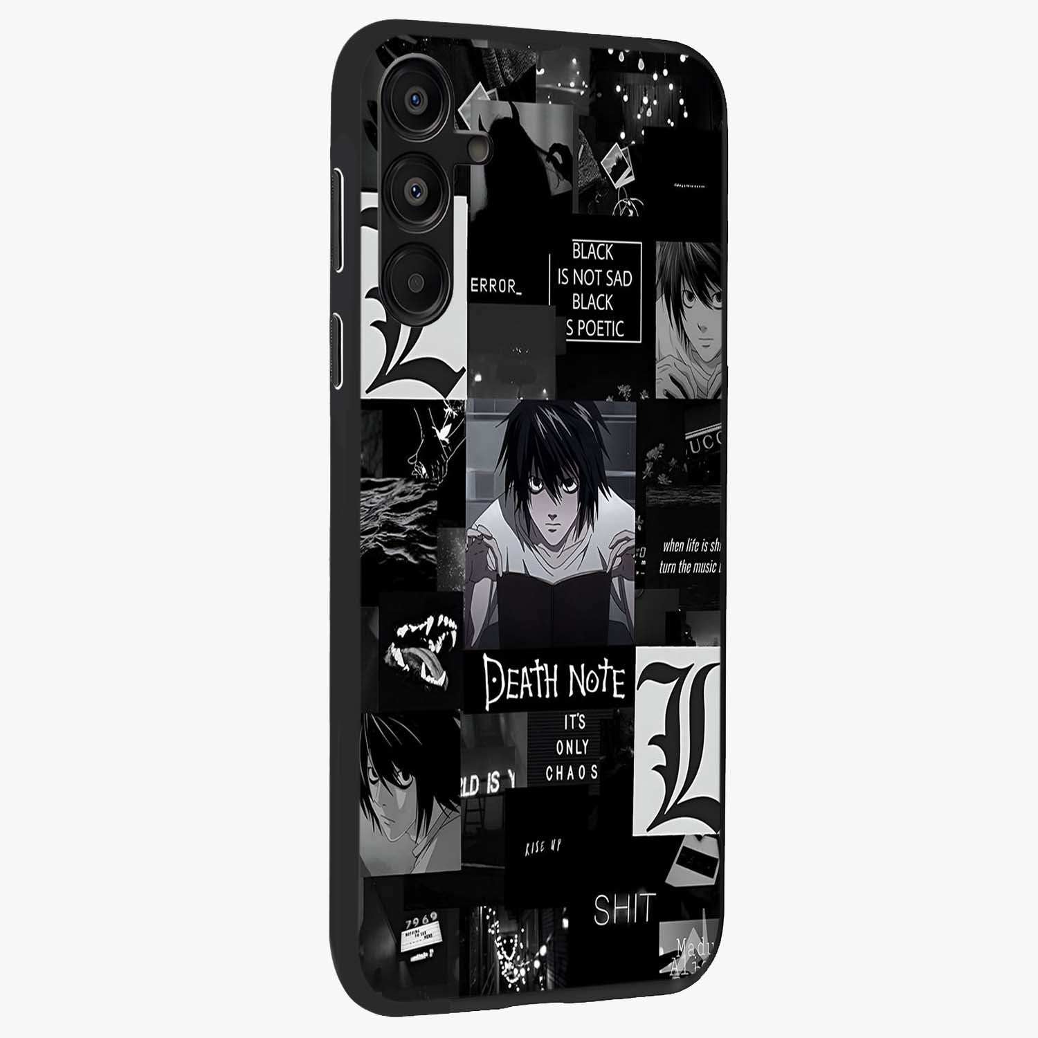 Midnight Chaos Mind Glass Case upright view showcasing expressive abstract artwork with bold dark theme.