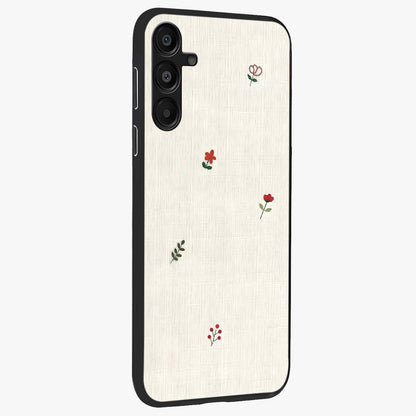 Minimalistic Blue With White Flower Pattern Glass Case upright view showcasing clean white flower artwork with calming blue theme.