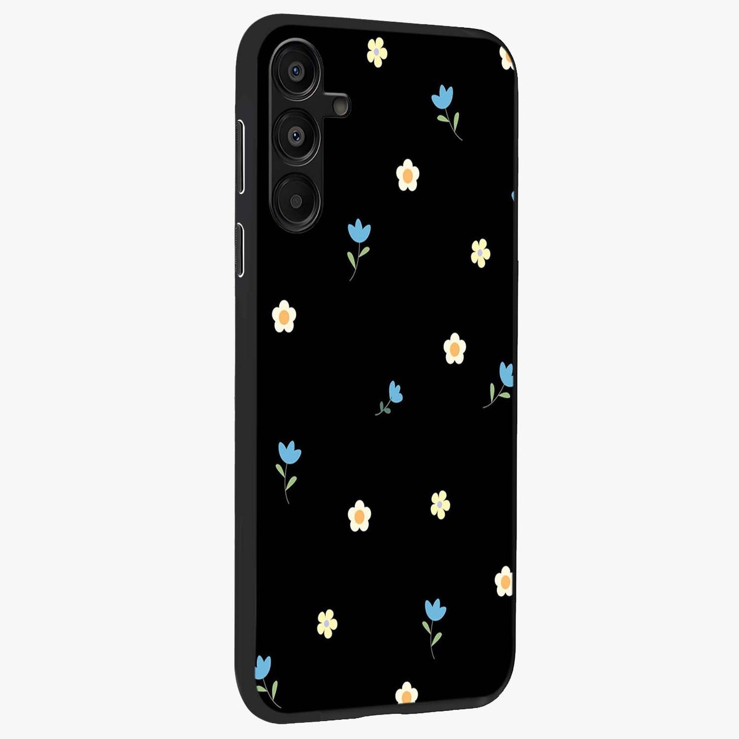 Minimal Petal Whispers Glass Case upright view showcasing elegant floral artwork with modern minimalist style.