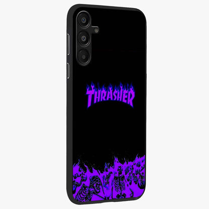 Neon Flame Riot Glass Case upright view showcasing dynamic flame artwork with energetic neon theme.