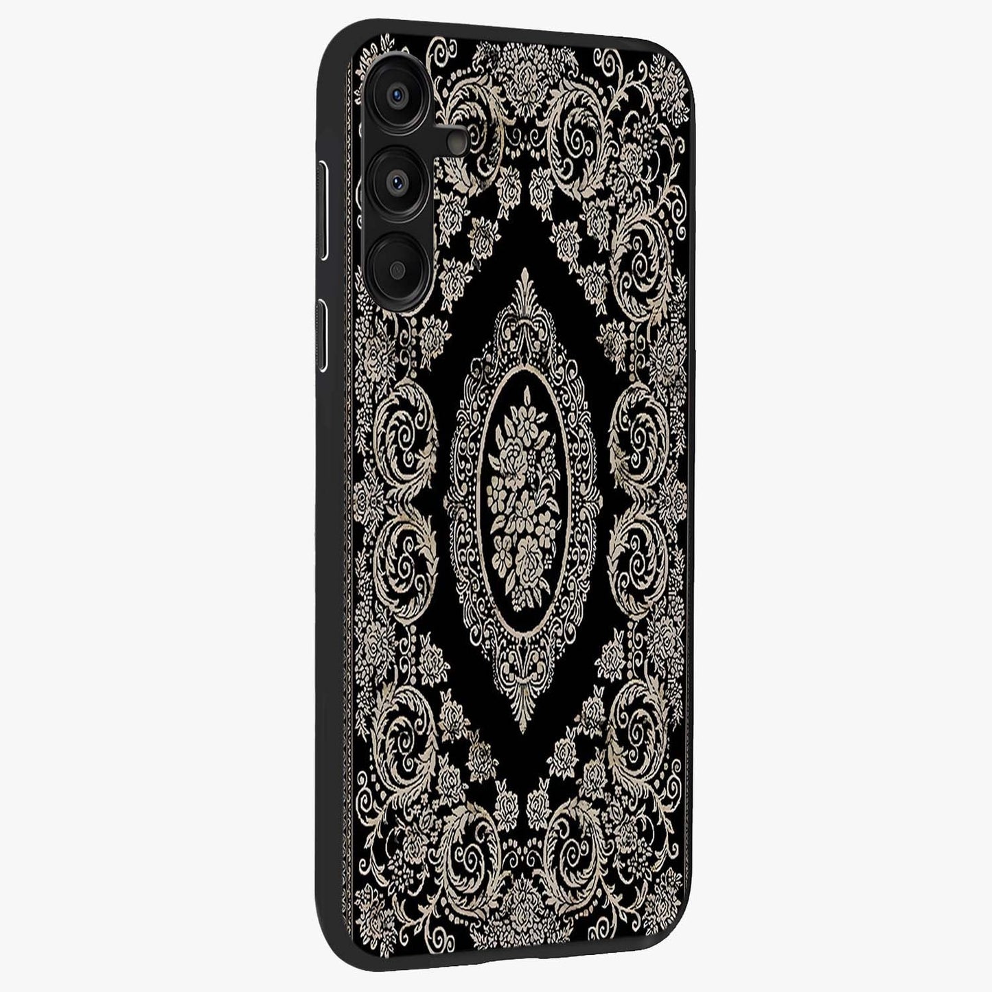Noir Bloom Elegance Glass Case upright view showcasing graceful floral artwork with luxurious dark theme.