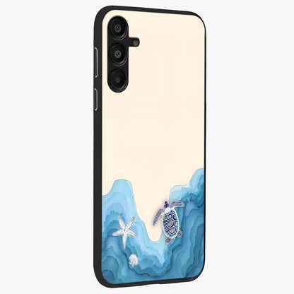 Ocean Drift Turtle Glass Case upright view showcasing calm underwater turtle artwork with nature inspired theme.