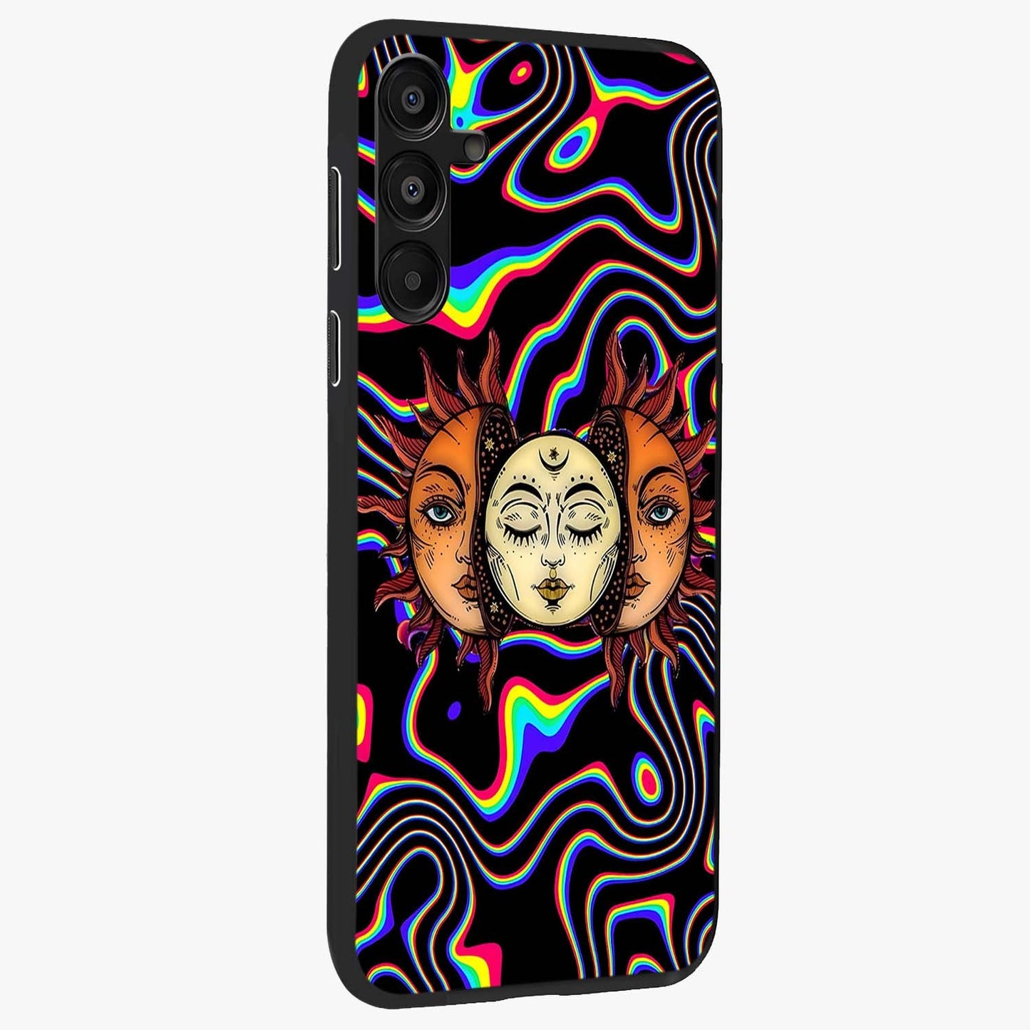 Psychedelic Sun Glass Case upright view showcasing trippy sun artwork with bold psychedelic theme.