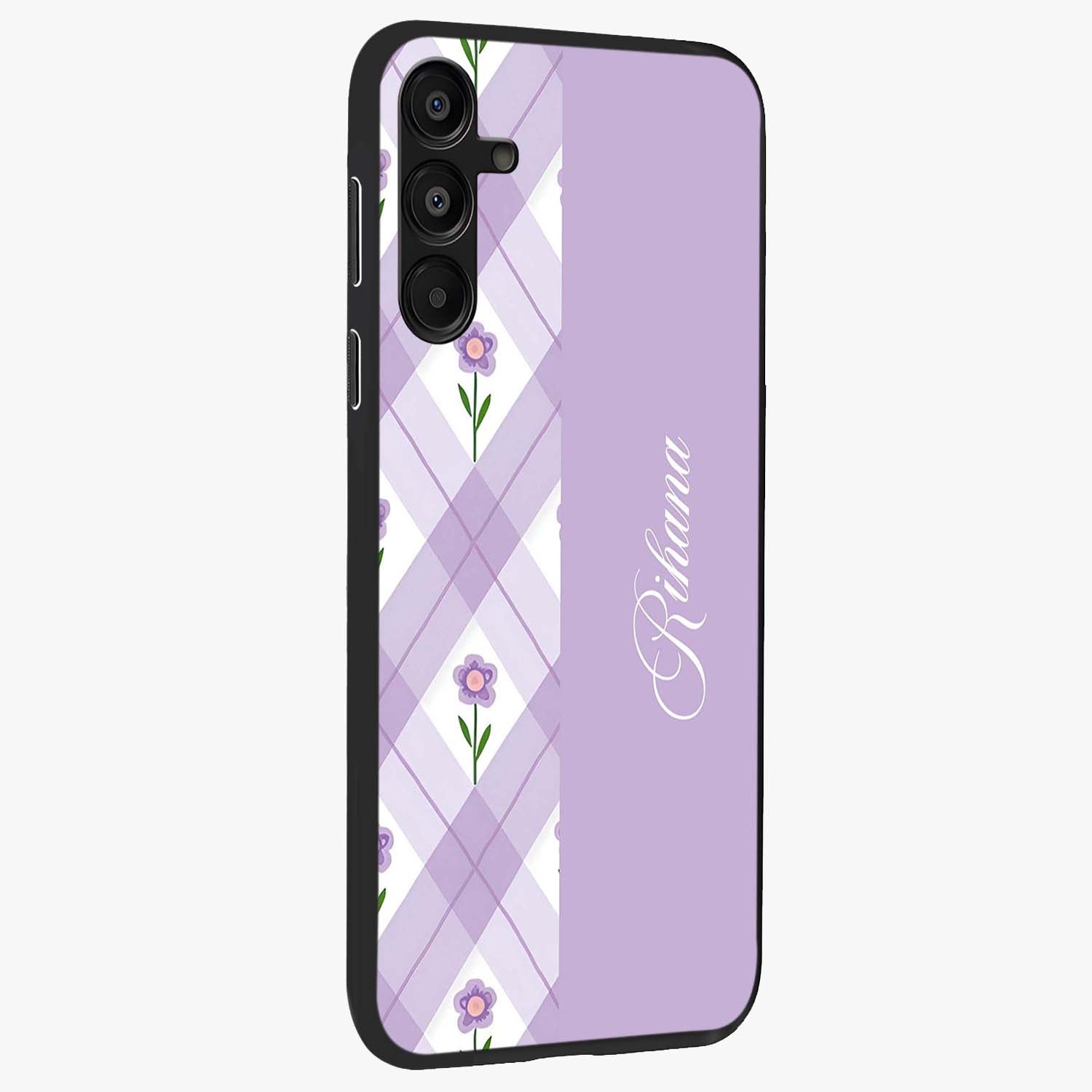 Purple Diamond Floral Glass Case upright view showcasing vibrant floral artwork with stylish geometric theme.