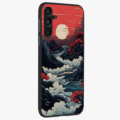 Red Sunset Scenery Glass Case upright view showcasing dramatic sunset scenery artwork with warm nature theme.