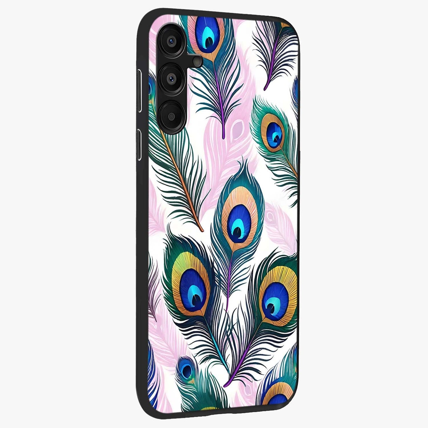 Royal Peacock Feathers Glass Case upright view showcasing elegant peacock feather artwork with decorative royal theme.