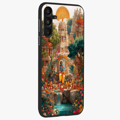 Sacred Sunlight Gods Glass Case upright view showcasing glowing divine artwork with sacred mythological theme.