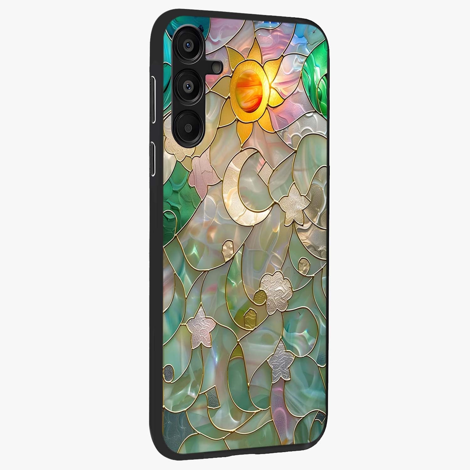 Stained Sunrise Glow Glass Case upright view showcasing colorful sunrise artwork with warm morning theme.