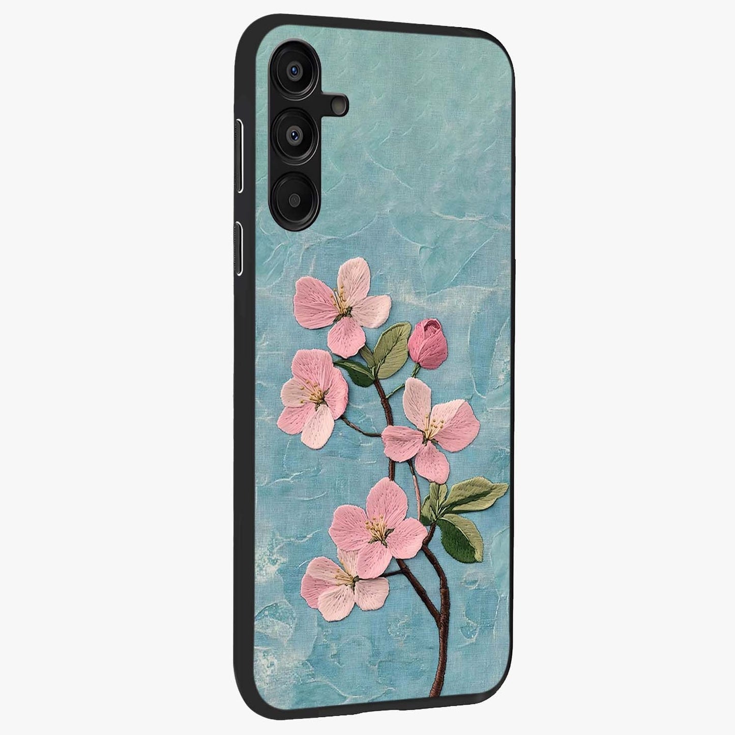 Threaded Blossom Breeze Glass Case upright view showcasing graceful flower artwork with calm botanical theme.
