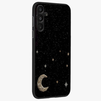 Twinkle Star With Half Moon Glass Case upright view showcasing glowing cosmic artwork with dreamy night theme.