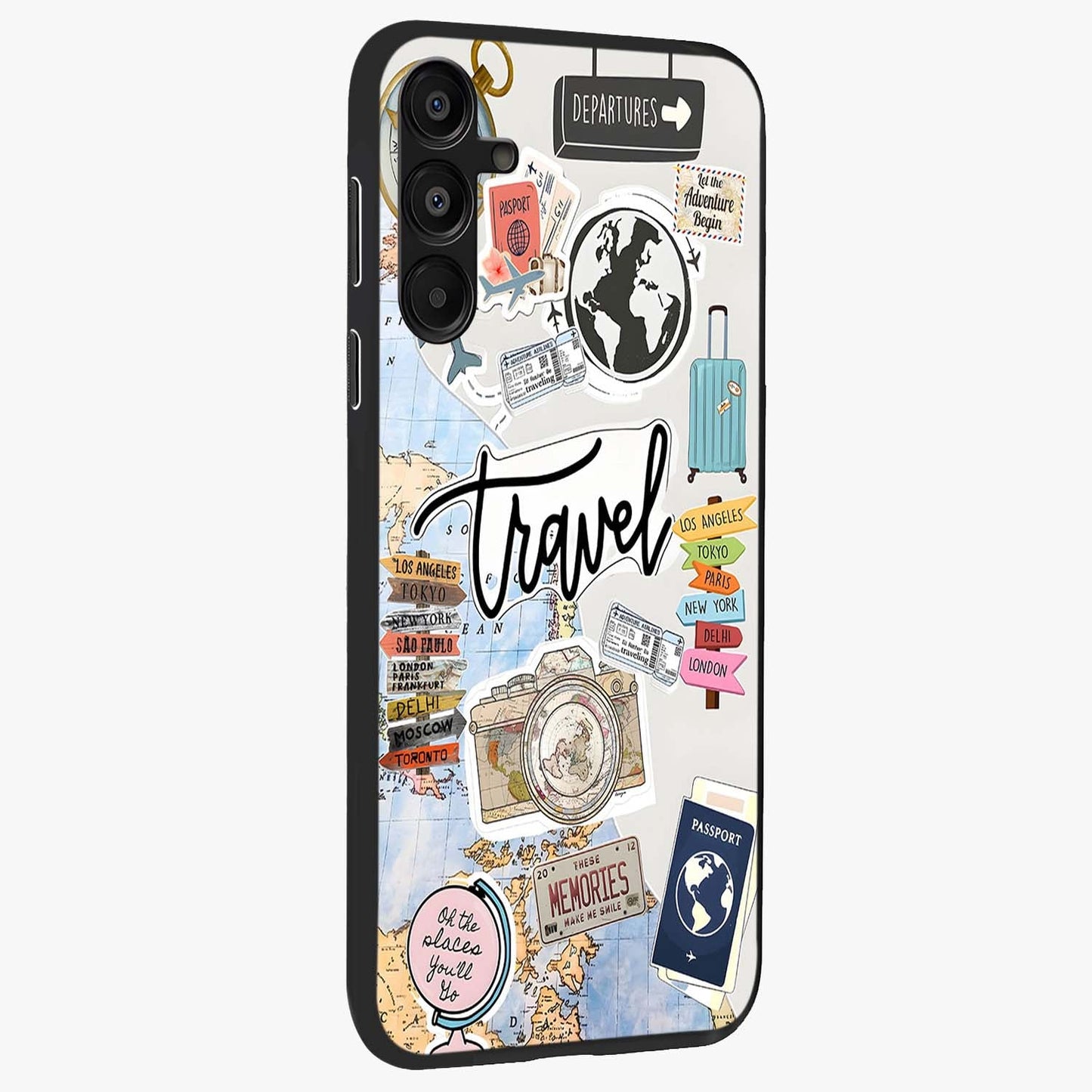 Wanderlust Journal Glass Case upright view showcasing wanderlust inspired artwork with creative exploration theme.