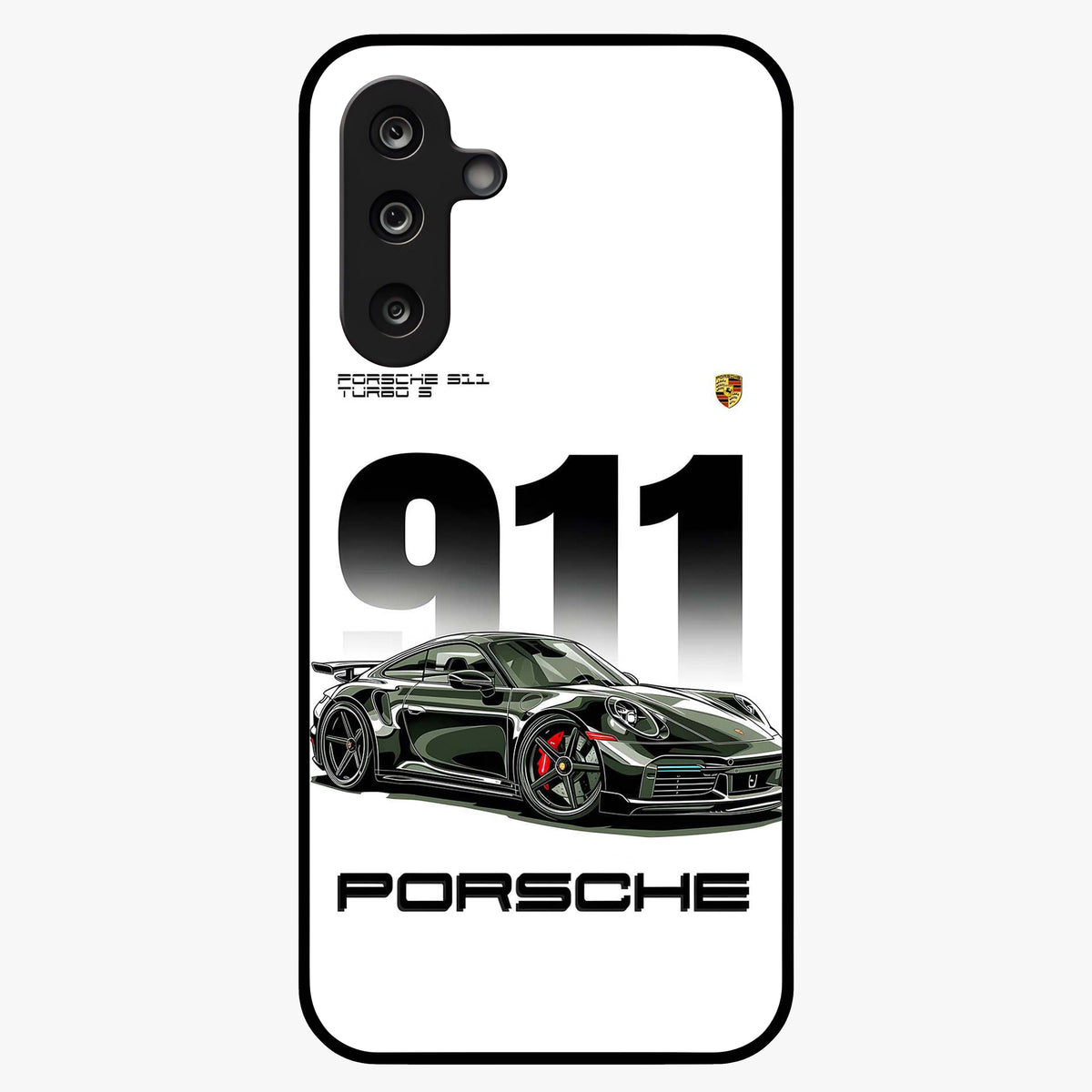 911 Turbo Dominance Glass Case showing clean flat back view with bold 911 sports car artwork and glossy glass finish.