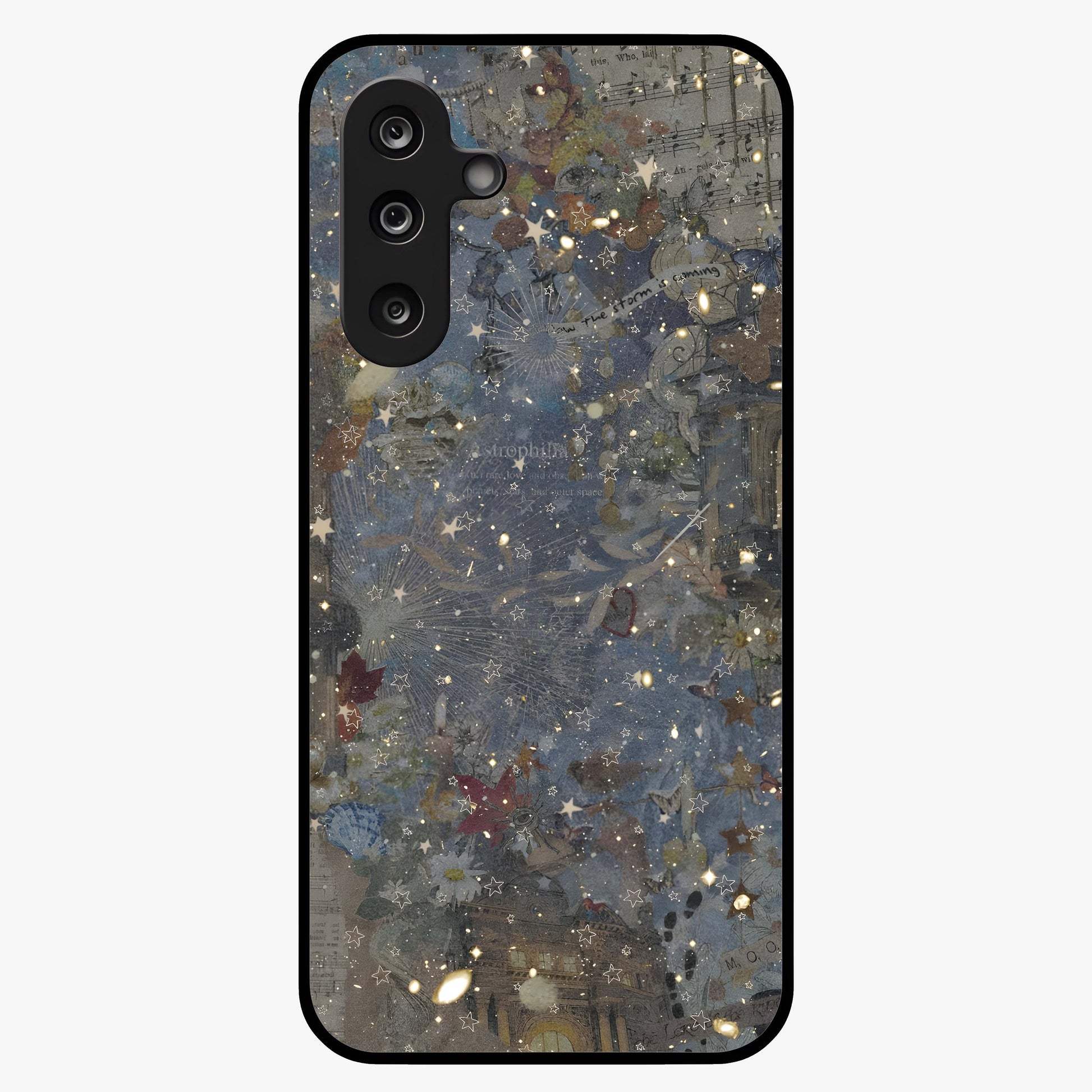 Aesthetic Astrolophia Glass Case showing flat back view with dreamy aesthetic design and glossy glass finish.