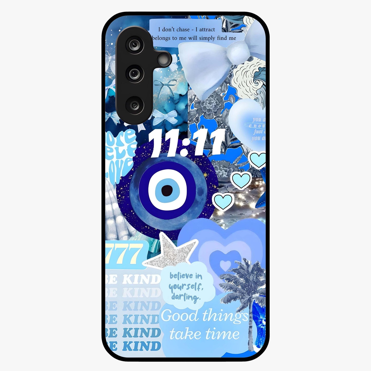 Aesthetic Be Kind Eye Glass Case showing flat back view with motivational eye artwork and glossy glass finish.