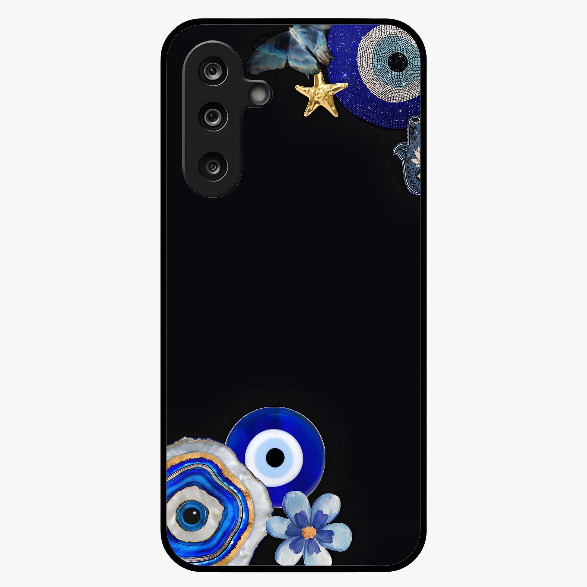 Aesthetic Blue Evil Eye Glass Case showing flat back view with protective evil eye artwork and glossy glass finish.
