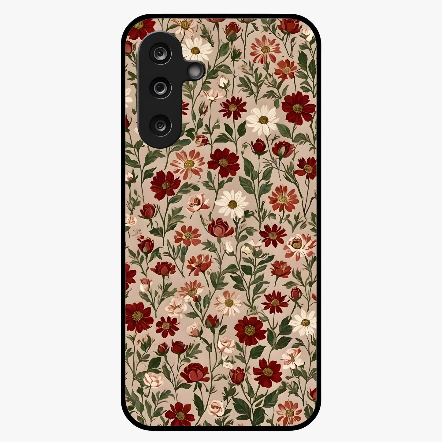 Biege Flower With Leaf Glass Case showing flat back view with soft beige floral artwork and glossy glass finish.