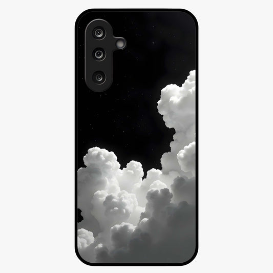 Black Background With White Cloud Glass Case showing flat back view with minimal cloud artwork on dark background and glossy glass finish.
