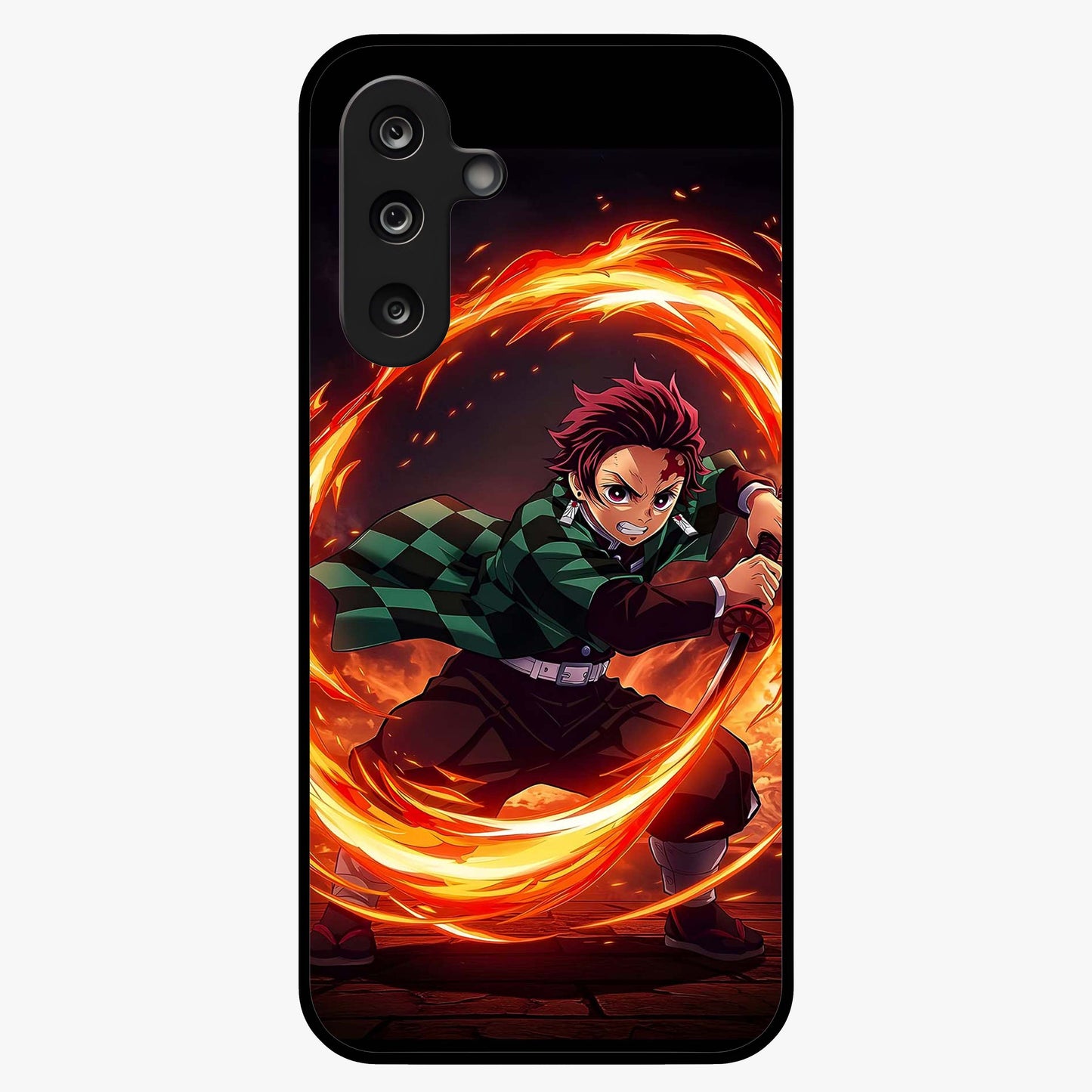 Blazing Sword Resolve Glass Case showing flat back view with fiery sword artwork and glossy glass finish.
