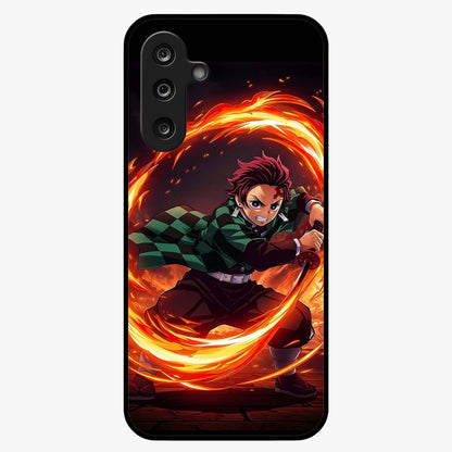 Blazing Sword Resolve Glass Case showing flat back view with fiery sword artwork and glossy glass finish.