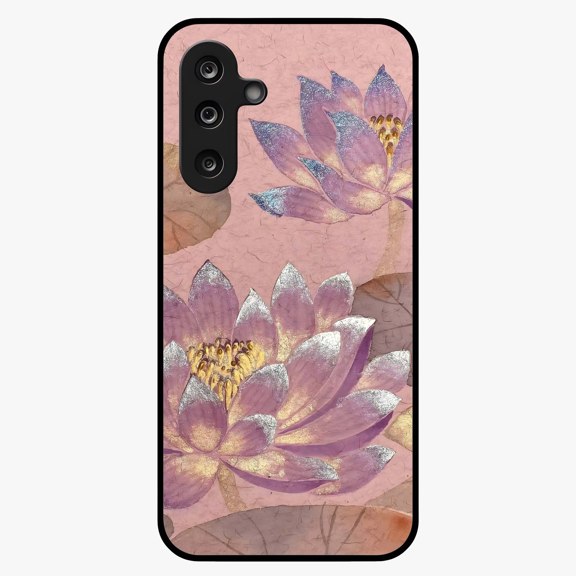 Blossom Mist Lotus Glass Case showing flat back view with serene lotus blossom artwork and glossy glass finish.
