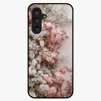 Blush Blossom Cloud Glass Case showing flat back view with dreamy blush cloud blossom artwork and glossy glass finish.