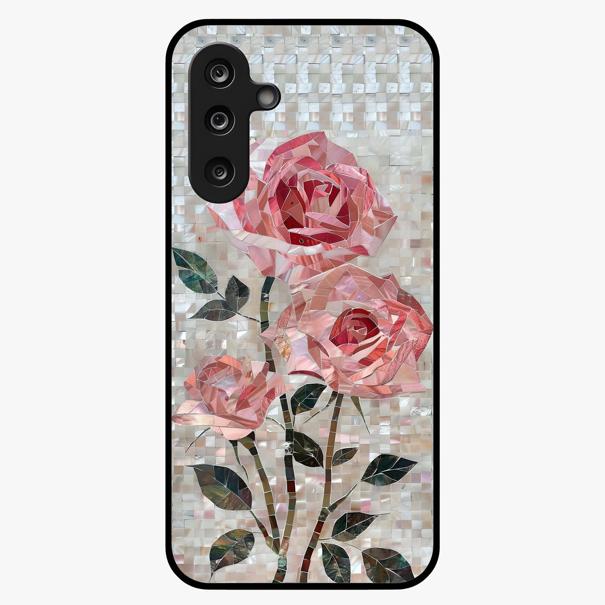 Blush Mosaic Bloom Glass Case showing flat back view with mosaic floral bloom artwork and glossy glass finish.
