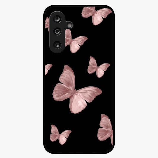 Butterfly Pattern Glass Case showing flat back view with elegant butterfly pattern artwork and glossy glass finish.