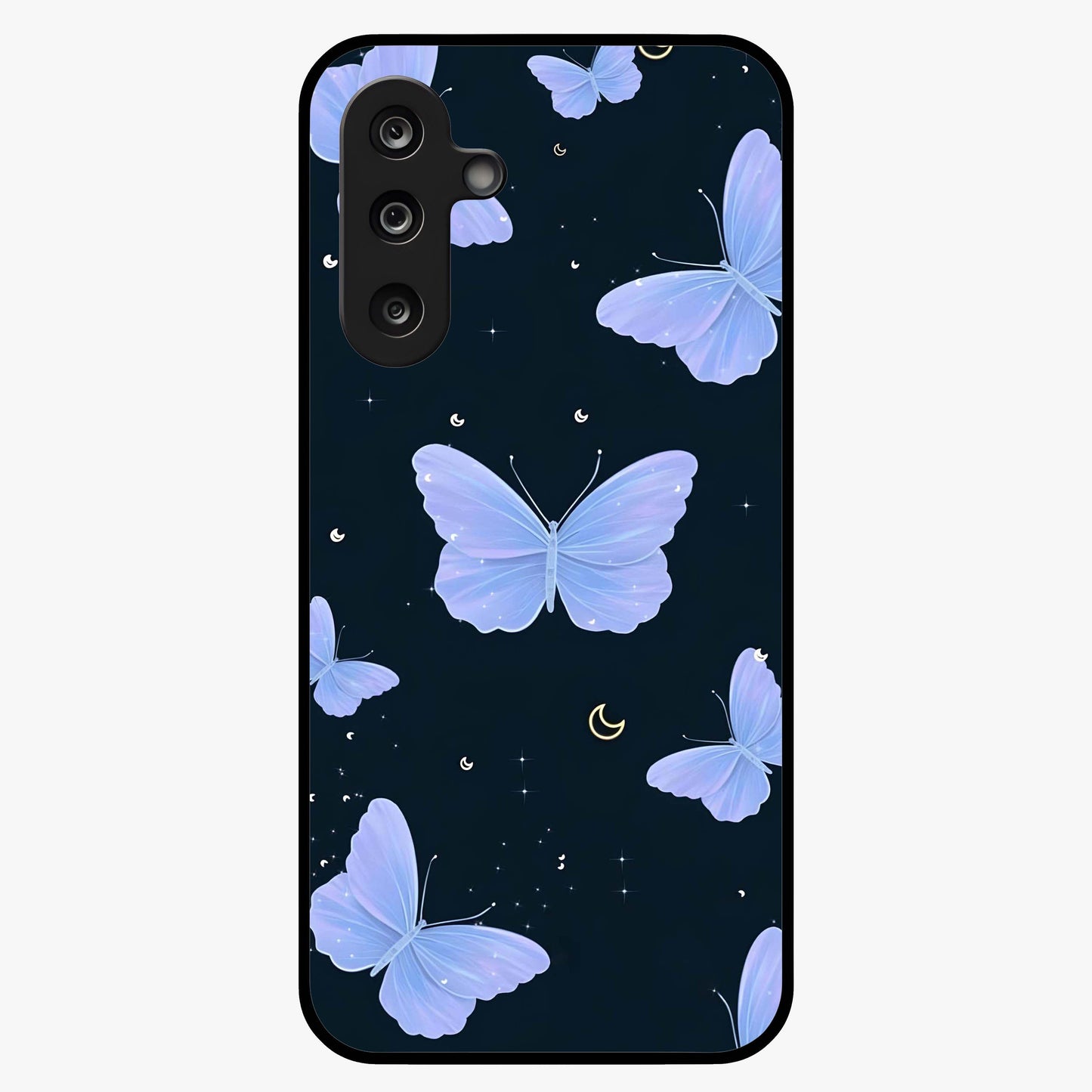Butterfly With Stars Pattern Glass Case showing flat back view with butterfly and star pattern artwork and glossy glass finish.
