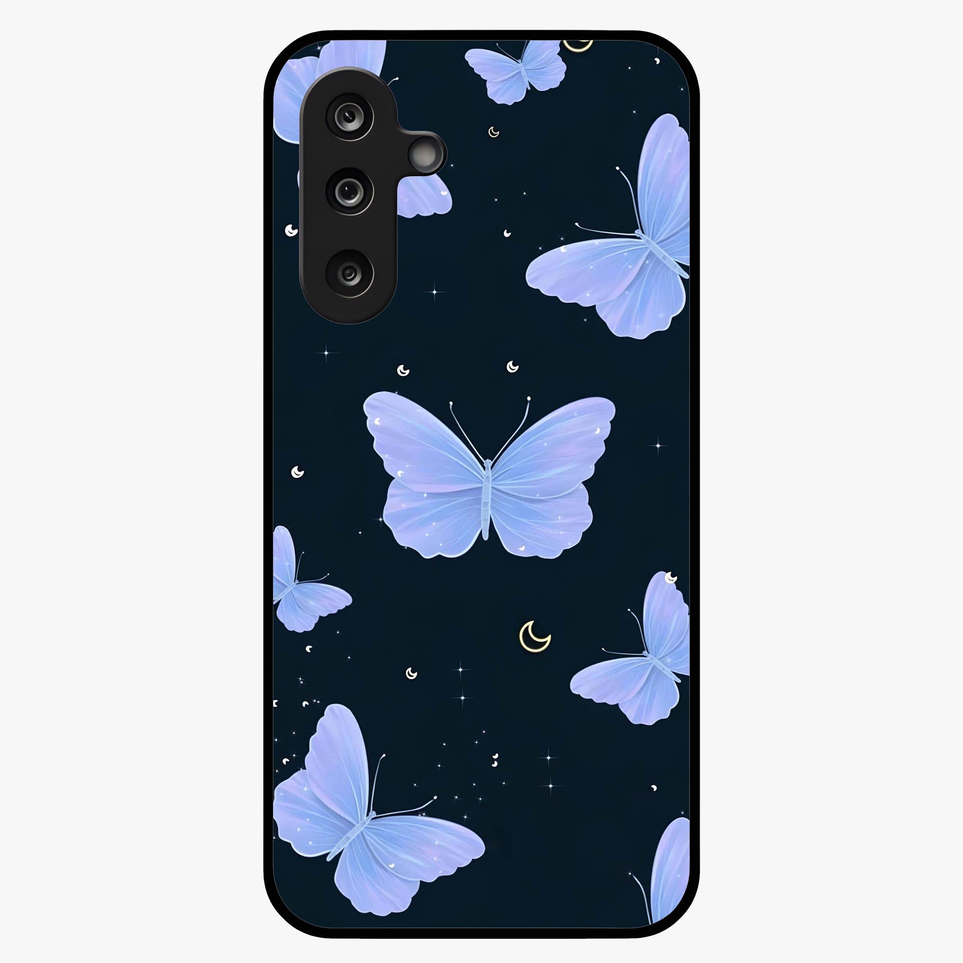 Butterfly With Stars Pattern Glass Case showing flat back view with butterfly and star pattern artwork and glossy glass finish.