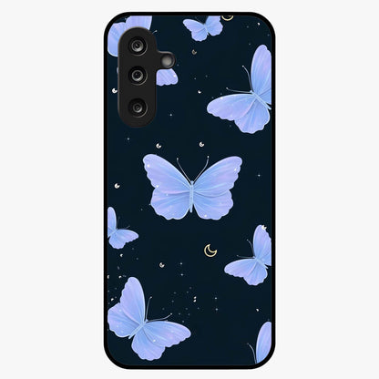 Butterfly With Stars Pattern Glass Case showing flat back view with butterfly and star pattern artwork and glossy glass finish.
