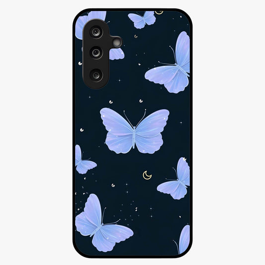 Butterfly With Stars Pattern Glass Case showing flat back view with butterfly and star pattern artwork and glossy glass finish.