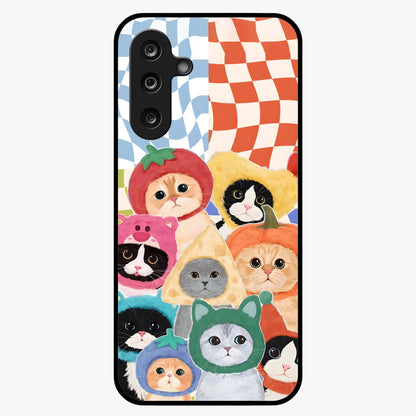 Cats in Fruits Glass Case showing flat back view with playful cat illustrations inside fruit artwork and glossy glass finish.
