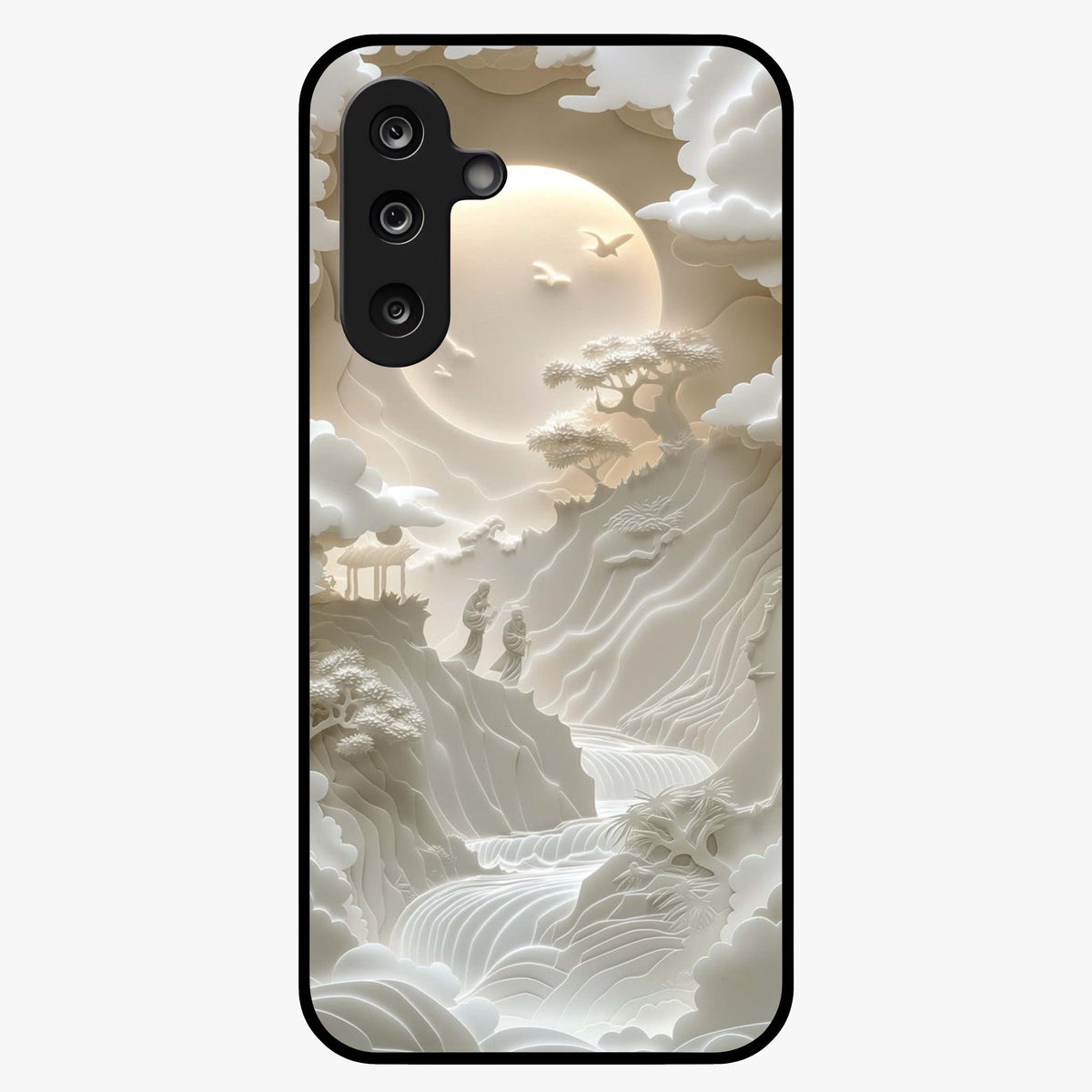 Celestial Origami Glass Case showing flat back view with artistic origami inspired celestial artwork and glossy glass finish.