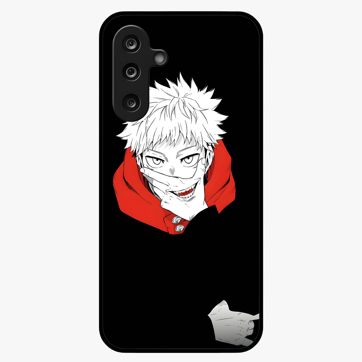 Crimson Chaos Smile Glass Case showing flat back view with bold chaotic smile artwork and glossy glass finish.