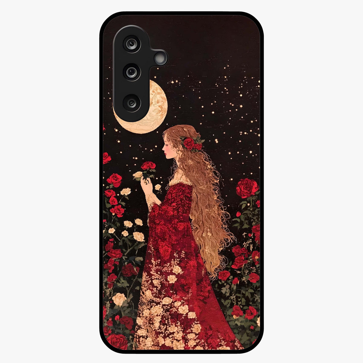 Crimson Dreams Glass Case showing flat back view with dreamy crimson artwork and glossy glass finish.