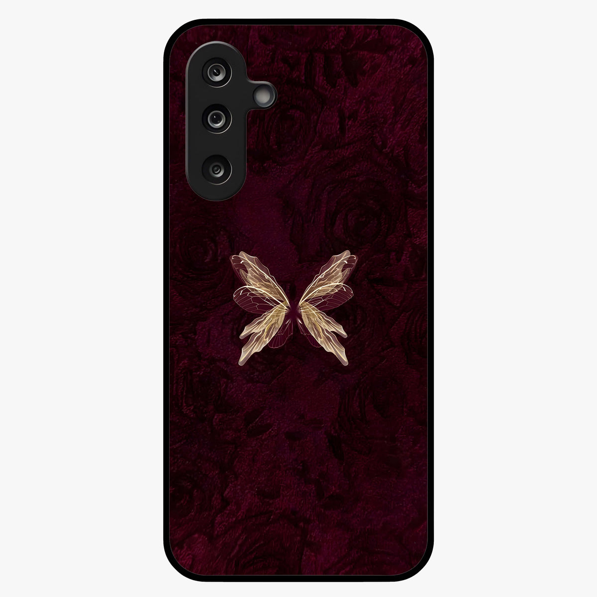 Crimson Fade Butterfly Glass Case showing flat back view with fading butterfly artwork and glossy glass finish.