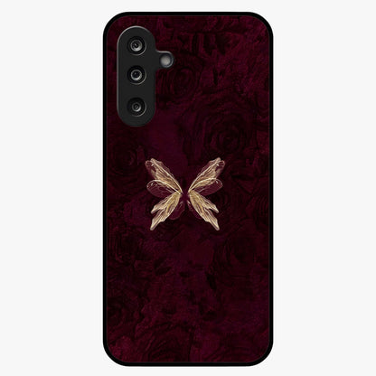 Crimson Fade Butterfly Glass Case showing flat back view with fading butterfly artwork and glossy glass finish.