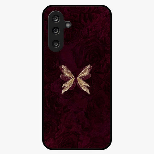 Crimson Fade Butterfly Glass Case showing flat back view with fading butterfly artwork and glossy glass finish.
