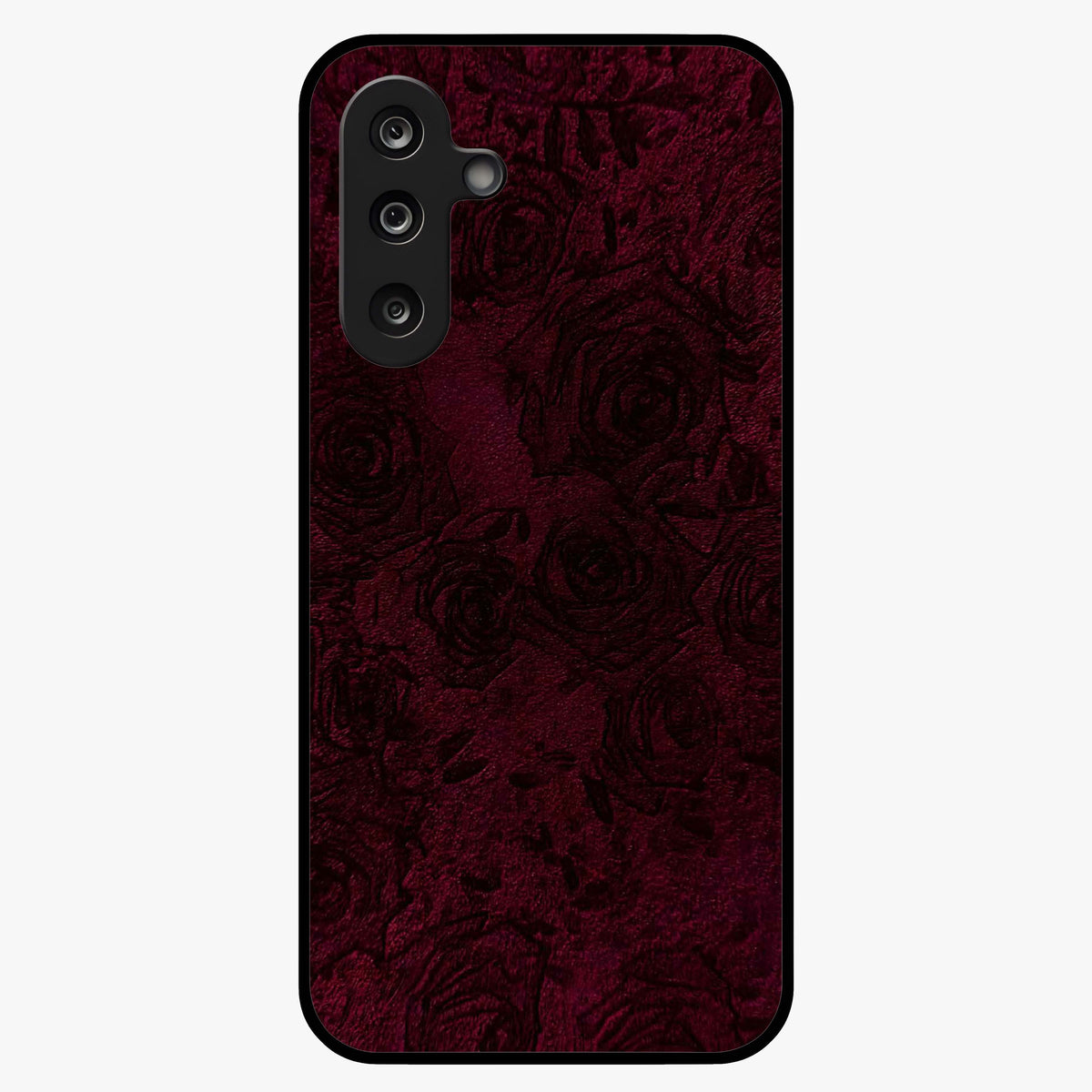 Crimson Fade Flow Glass Case showing flat back view with flowing crimson gradient artwork and glossy glass finish.