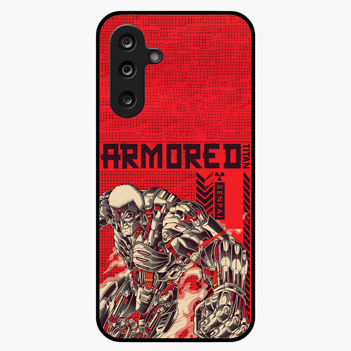 Crimson Mecha Titan Glass Case showing flat back view with powerful mech titan artwork and glossy glass finish.