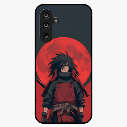 Crimson Moon Warlord Glass Case showing flat back view with mystical moon warrior artwork and glossy glass finish.