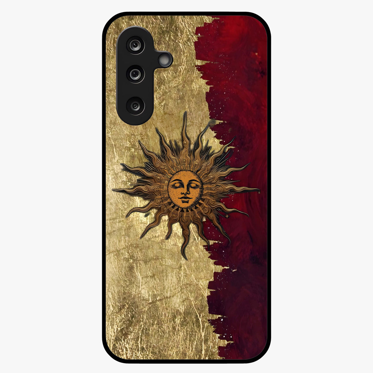 Crimson Sun Majesty Glass Case showing flat back view with radiant sun inspired artwork and glossy glass finish.