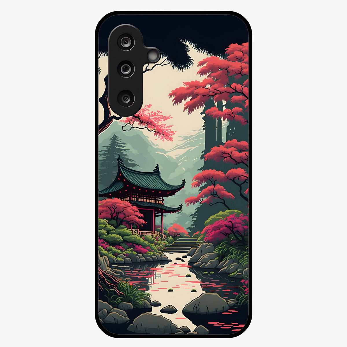Crimson Temple View Glass Case showing flat back view with temple inspired artwork and glossy glass finish.