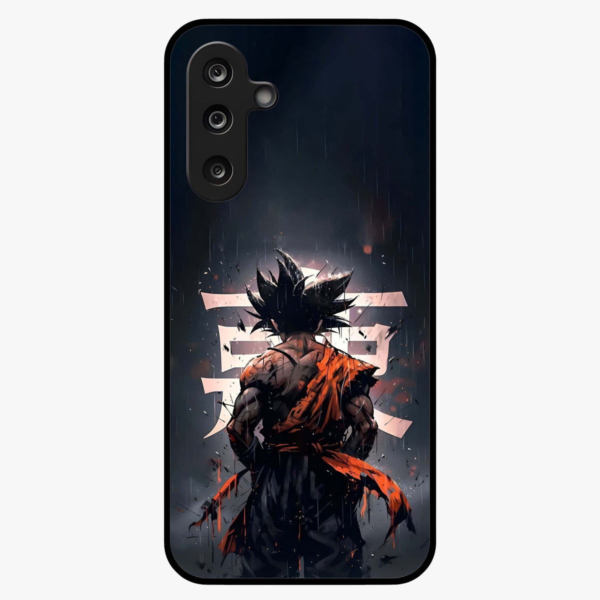 Dark Warrior In Rain Glass Case showing flat back view with warrior artwork in rainy atmosphere and glossy glass finish.