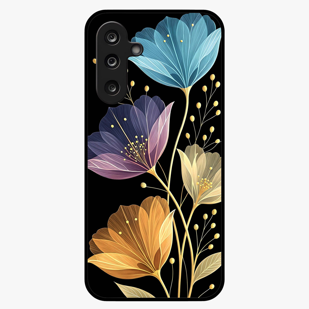 Delicate Multicolor Flowers Glass Case showing flat back view with vibrant floral artwork and glossy glass finish.