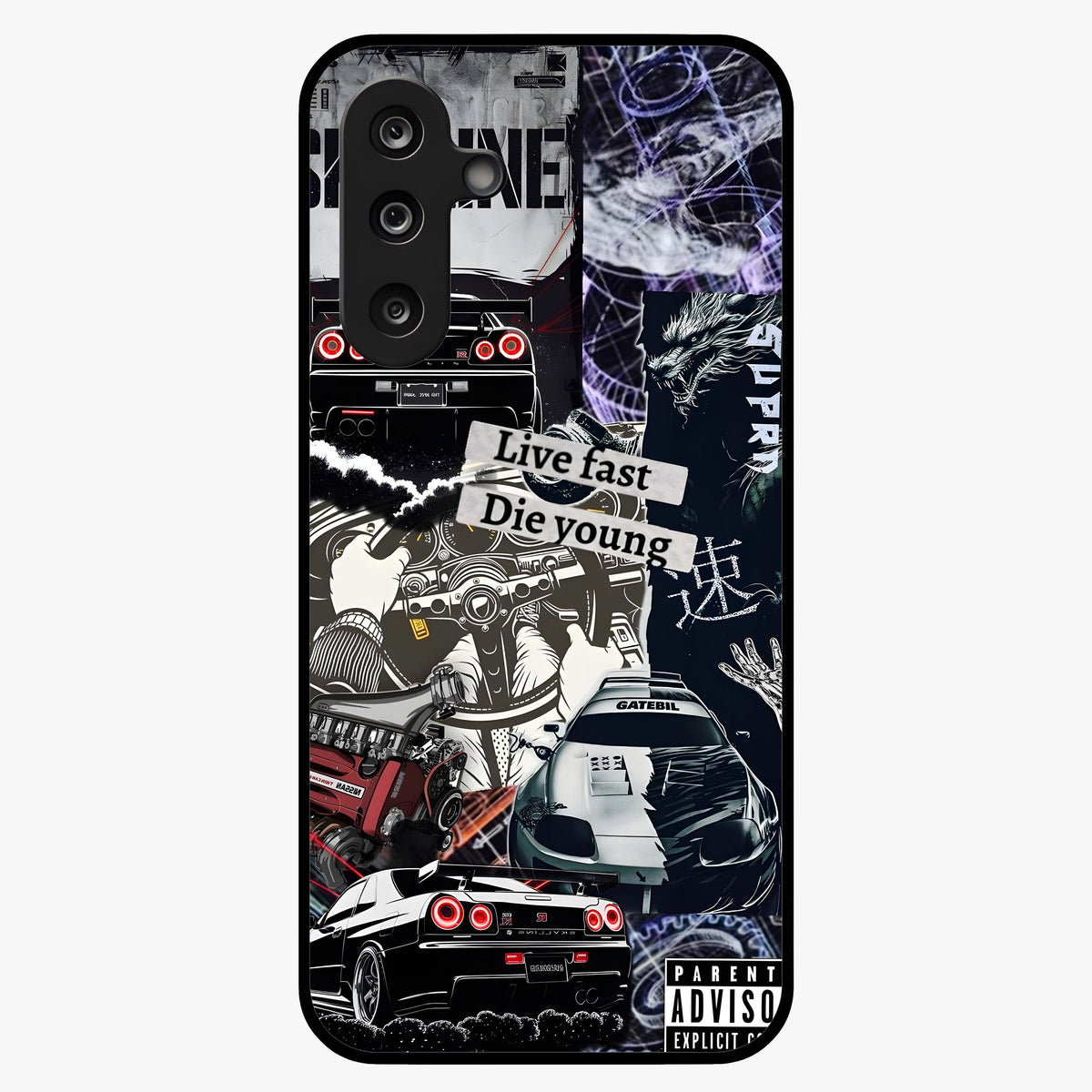 Die Young Glass Case showing flat back view with bold artistic typography design and glossy glass finish.