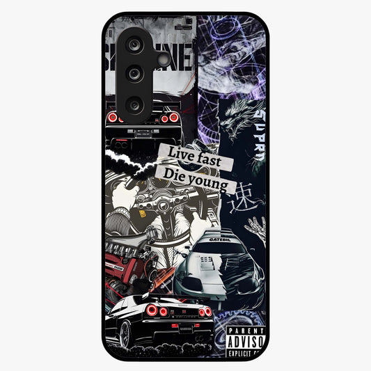 Die Young Glass Case showing flat back view with bold artistic typography design and glossy glass finish.